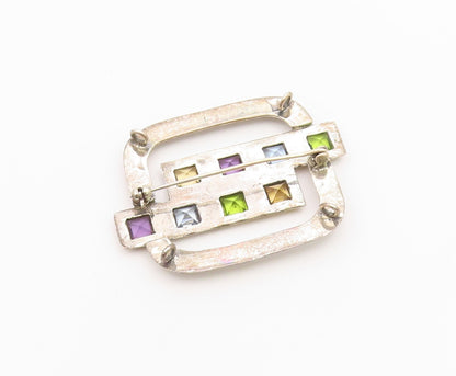 925 Sterling Silver Vintage Brooch Classic Multi Gemstone Geometric Pin  BP12592