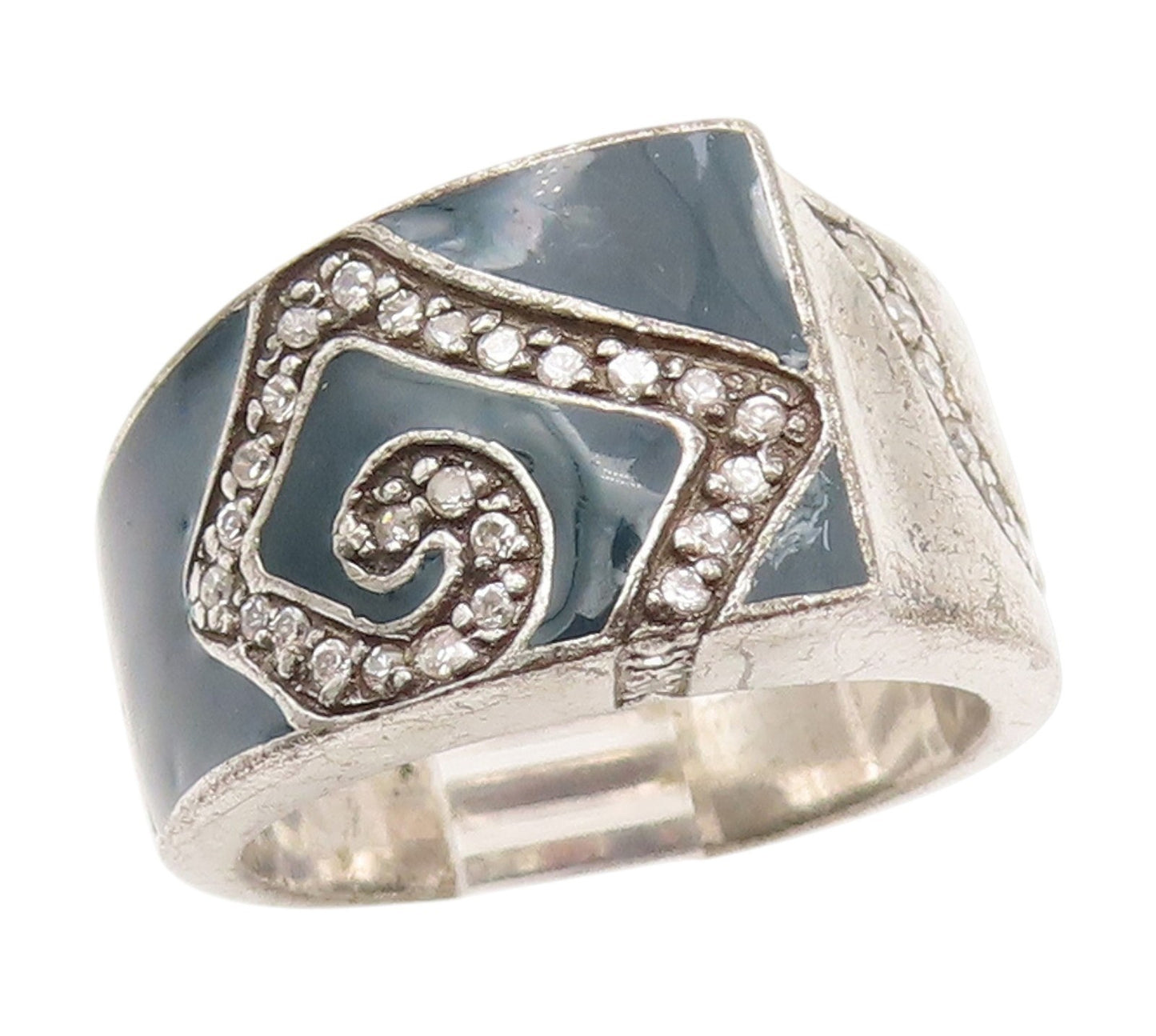 925 Sterling Silver Vintage Ring CZ Swirl Enamel Statement Band  Sz 7  RG34602