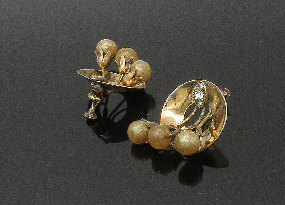 925 Sterling Silver  Vintage Pearls & Topaz Non Pierce Drop Earrings  EG11050