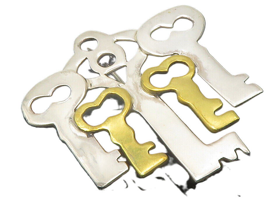 925 Sterling Silver  Vintage Shiny Two Tone Keys Smooth Brooch Pin  BP4372