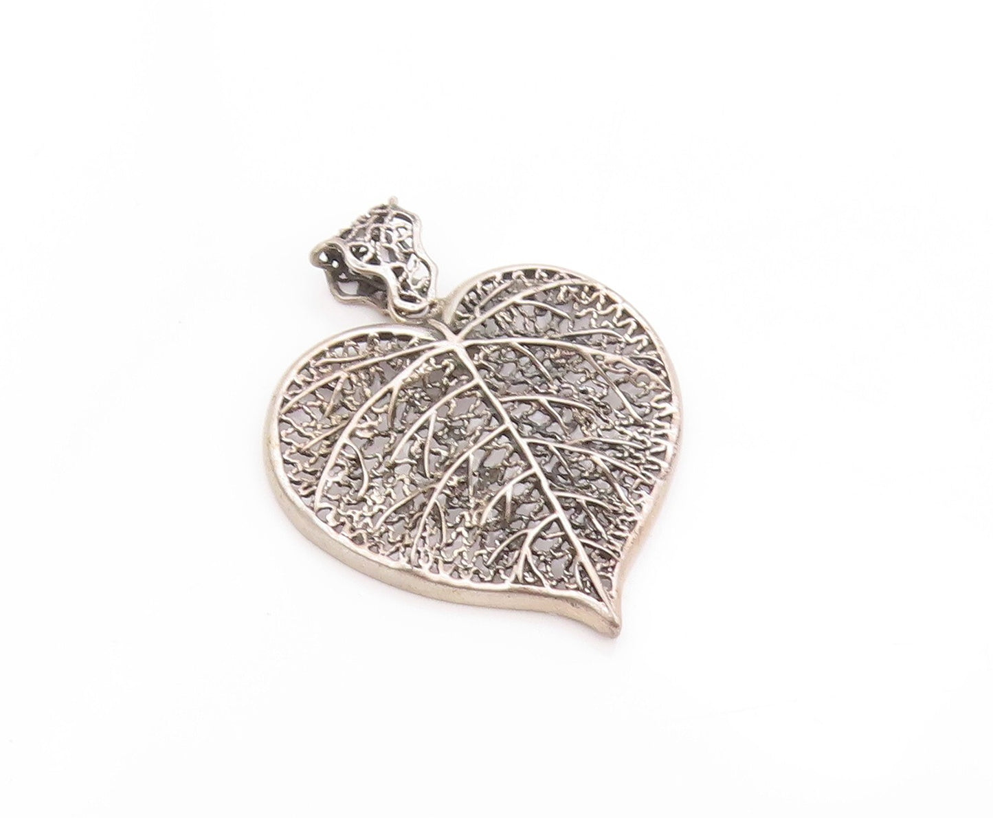925 Sterling Silver Vintage Pendant Designer Dark Tone Cutout Leaf  PT23978
