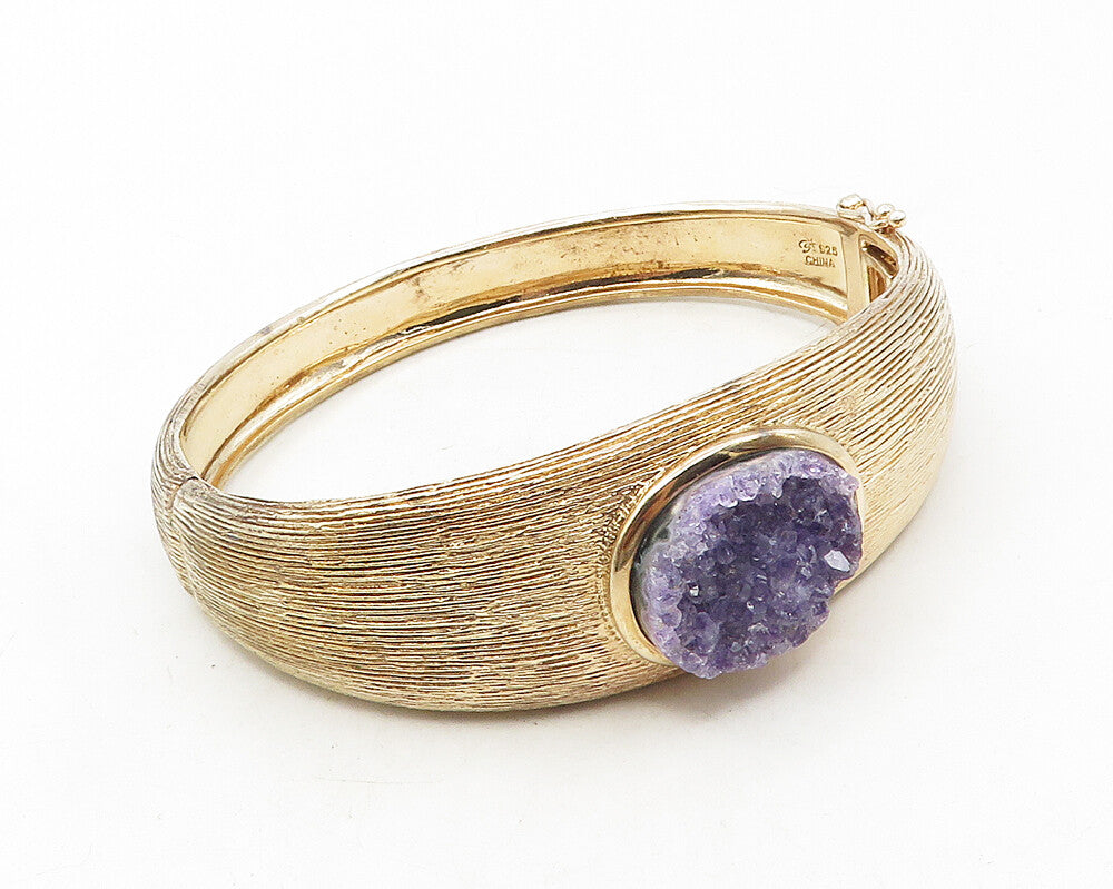 925 Sterling Silver  Vintage Amethyst Textured Hinge Bangle Bracelet  BT4331