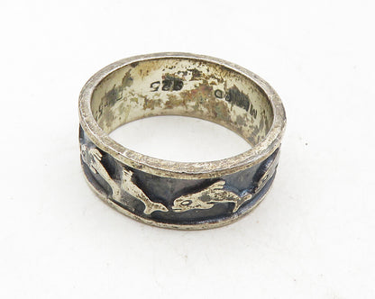 MEXICO 925 Sterling Silver  Vintage Oxidized Dolphins Band Ring Sz 8  RG9993