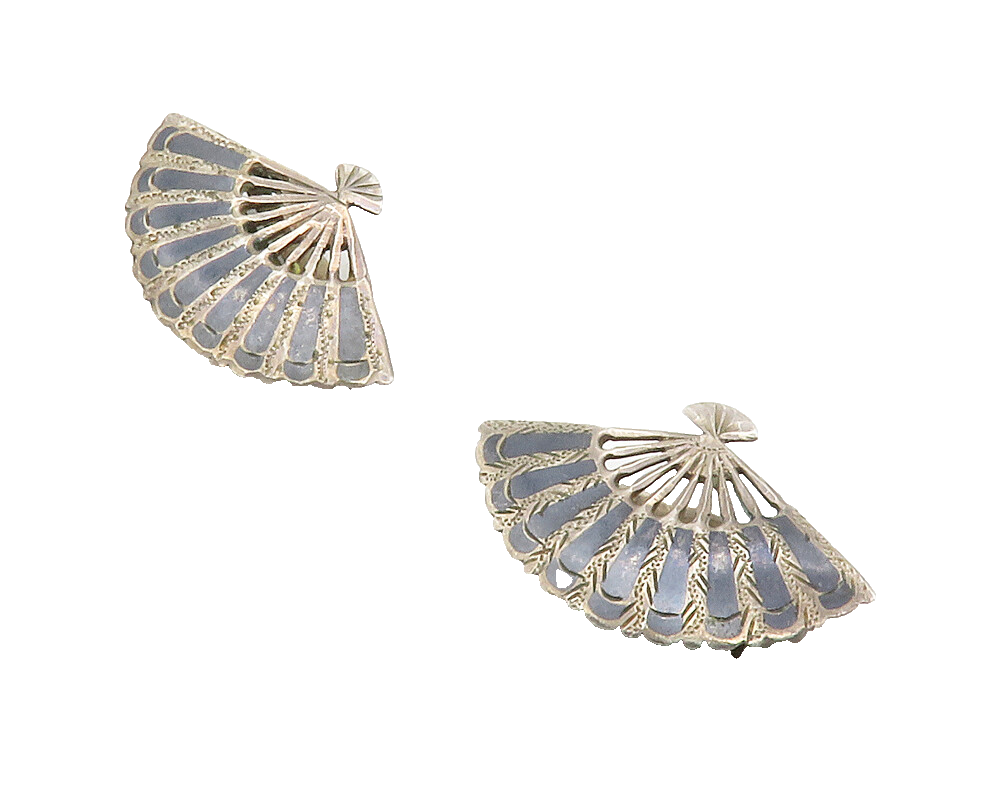 SIAM 925 Sterling Silver Vintage Enamel Fan Motif Non Pierce Earrings EG7414