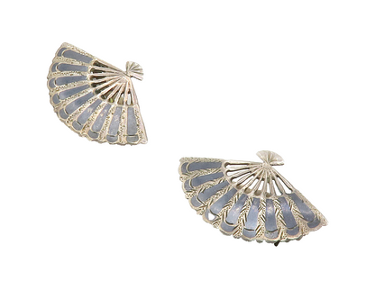 SIAM 925 Sterling Silver Vintage Enamel Fan Motif Non Pierce Earrings EG7414