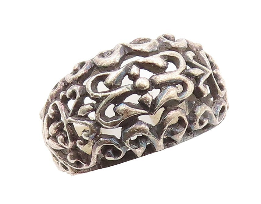 925 Sterling Silver Vintage Ring Dark Tone Swirly Floral Cutout  Sz 7.5  RG31101