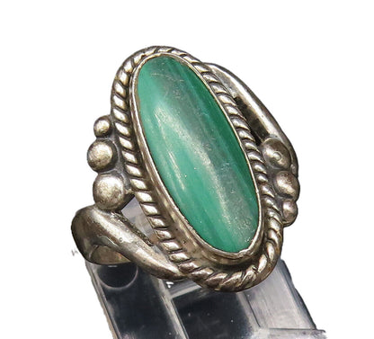 POST BELL 925 Silver  Vintage Dotted & Rope Border Malachite Ring Sz 6 RG25958