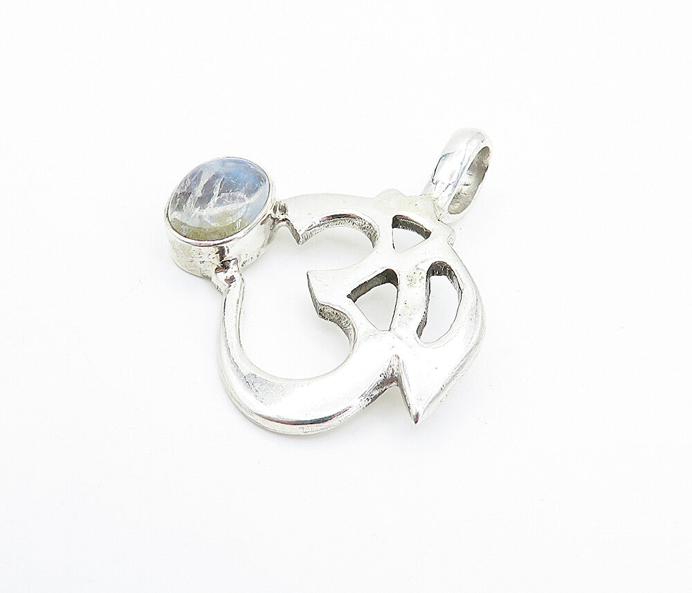 925 Sterling Silver  Cabochon Moonstone Om Spiritual Symbol Pendant  PT5944