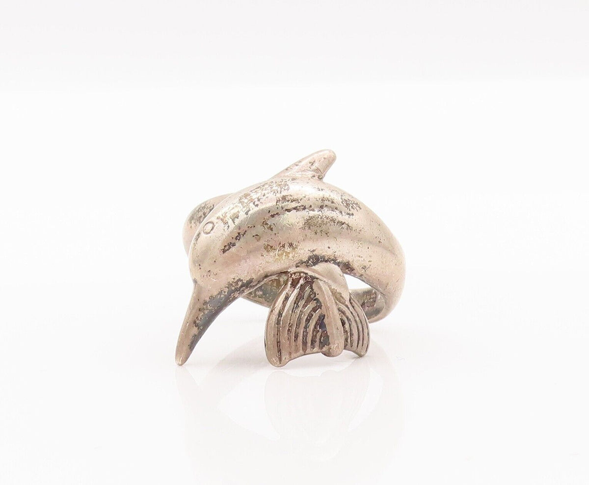 925 Sterling Silver Vintage Ring Solid Carved Diving Delphine  Sz 8  RG28212