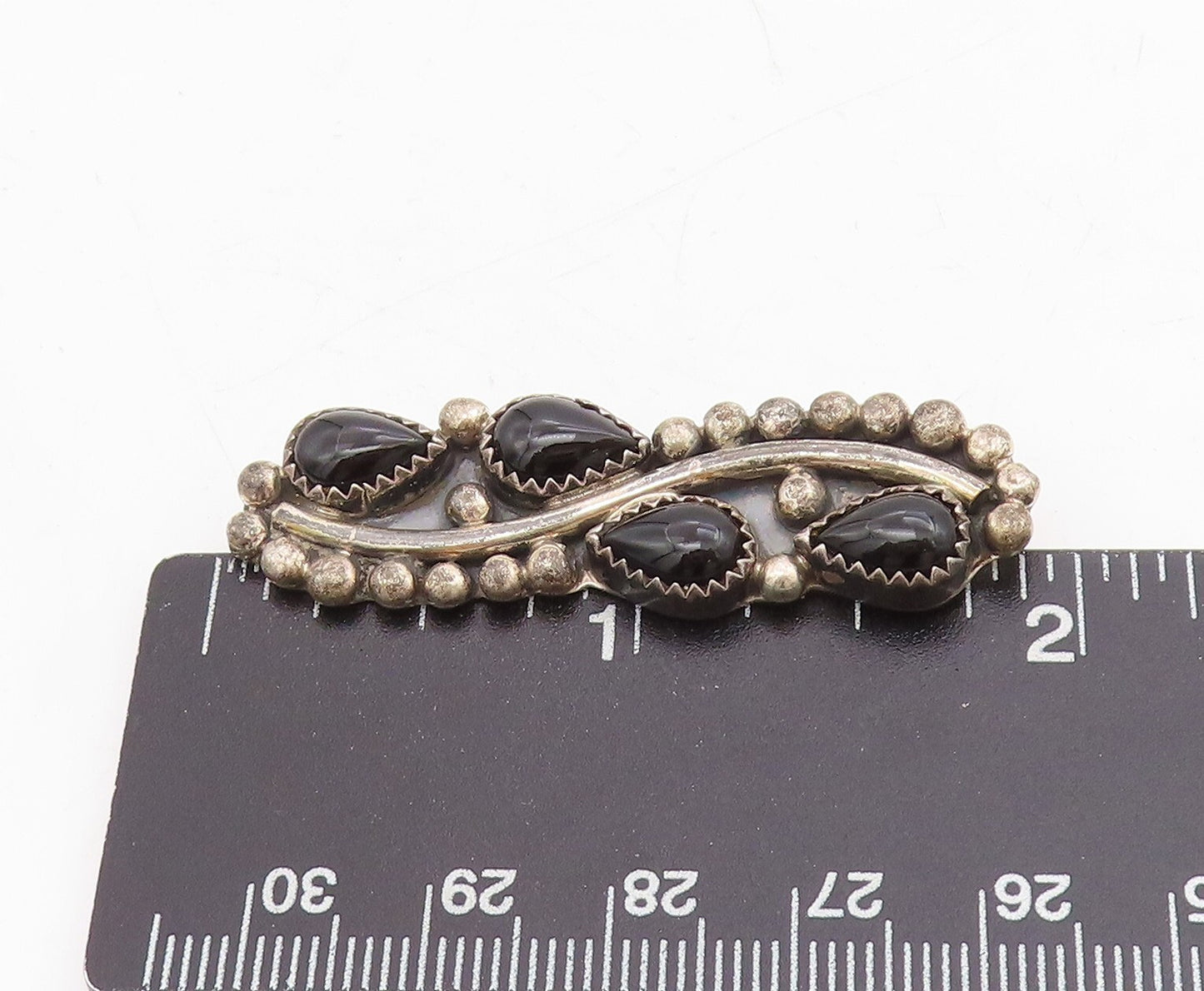 925 Sterling Silver Vintage Brooch Pin BENALLY NAVAJO Drop Shape Onyx  BP11460