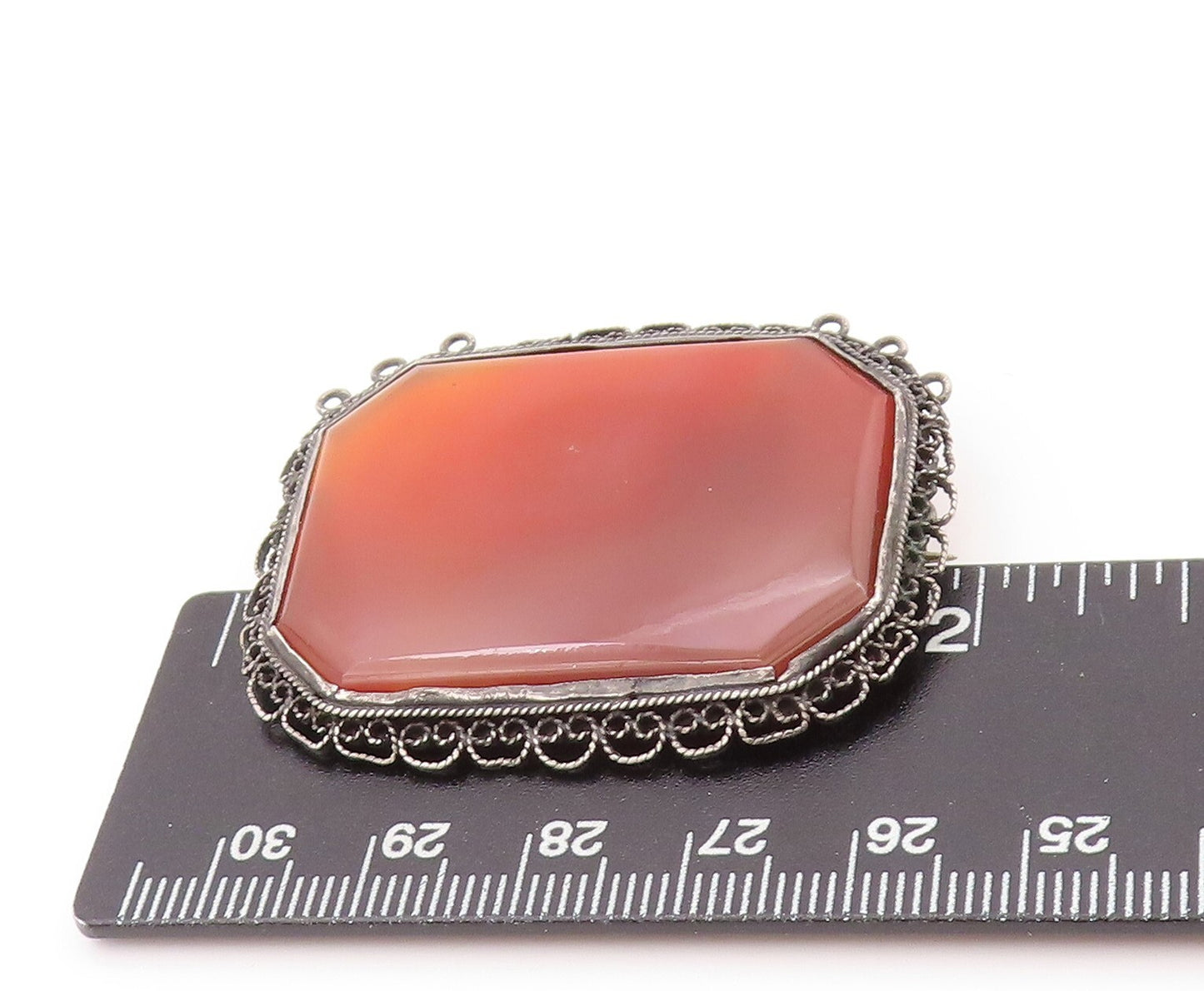 925 Sterling Silver Vintage Brooch Large Carnelian Halo Filigree Work  BP11513