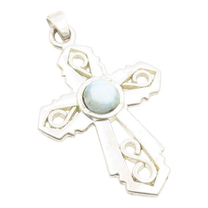 925 Sterling Silver Vintage Pendant Cabochon Larimar Religious Cross  PT26113