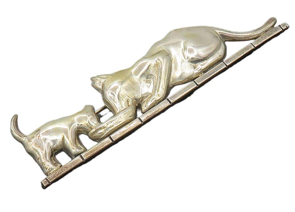 MEXICO 925 Sterling Silver  Vintage Shiny Mom & Baby Cat Brooch Pin  BP6591