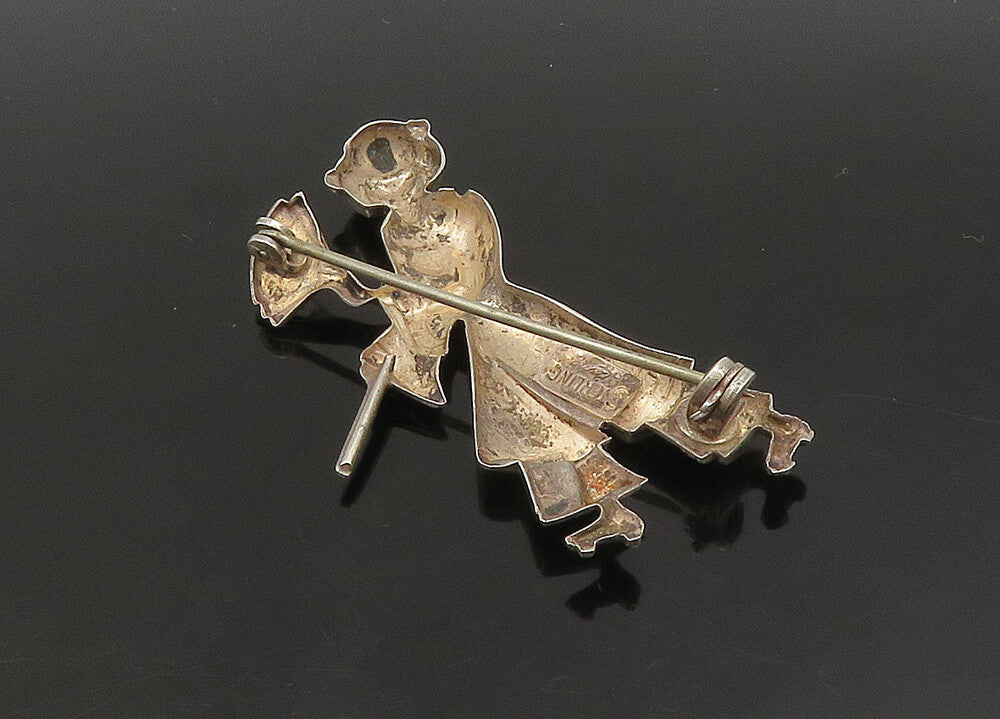 LANG 925 Sterling Silver  Vintage Shiny Woman With Hand Fan Brooch Pin  BP9143
