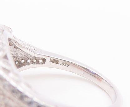 925 Sterling Silver Vintage Ring Carved Round Cut Blue & White CZ  Sz 7  RG29595