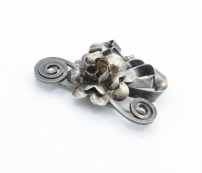 RAFFAELE 925 Silver  Vintage Oxidized Flower Ribbon Bow Brooch Pin  BP2663