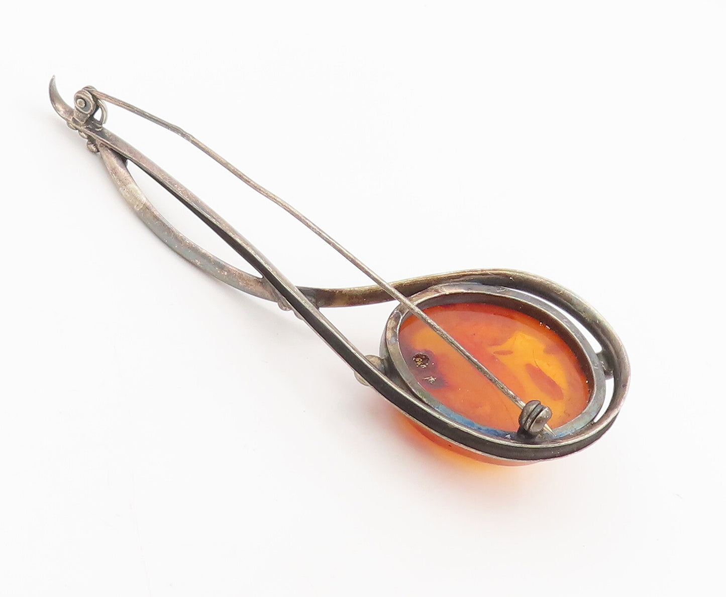 POLAND 925 Sterling Silver  Vintage Designer Large Amber Brooch Pin  BP10512