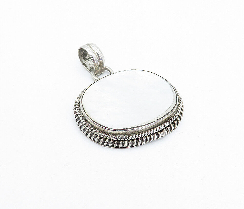 925 Sterling Silver  Vintage Mother Of Pearl Twist Border Drop Pendant  PT2689