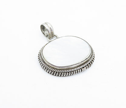 925 Sterling Silver  Vintage Mother Of Pearl Twist Border Drop Pendant  PT2689