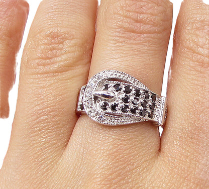 925 Silver  Sapphire & White Cubic Zirconia Belt Style Band Ring Sz 7  RG3425