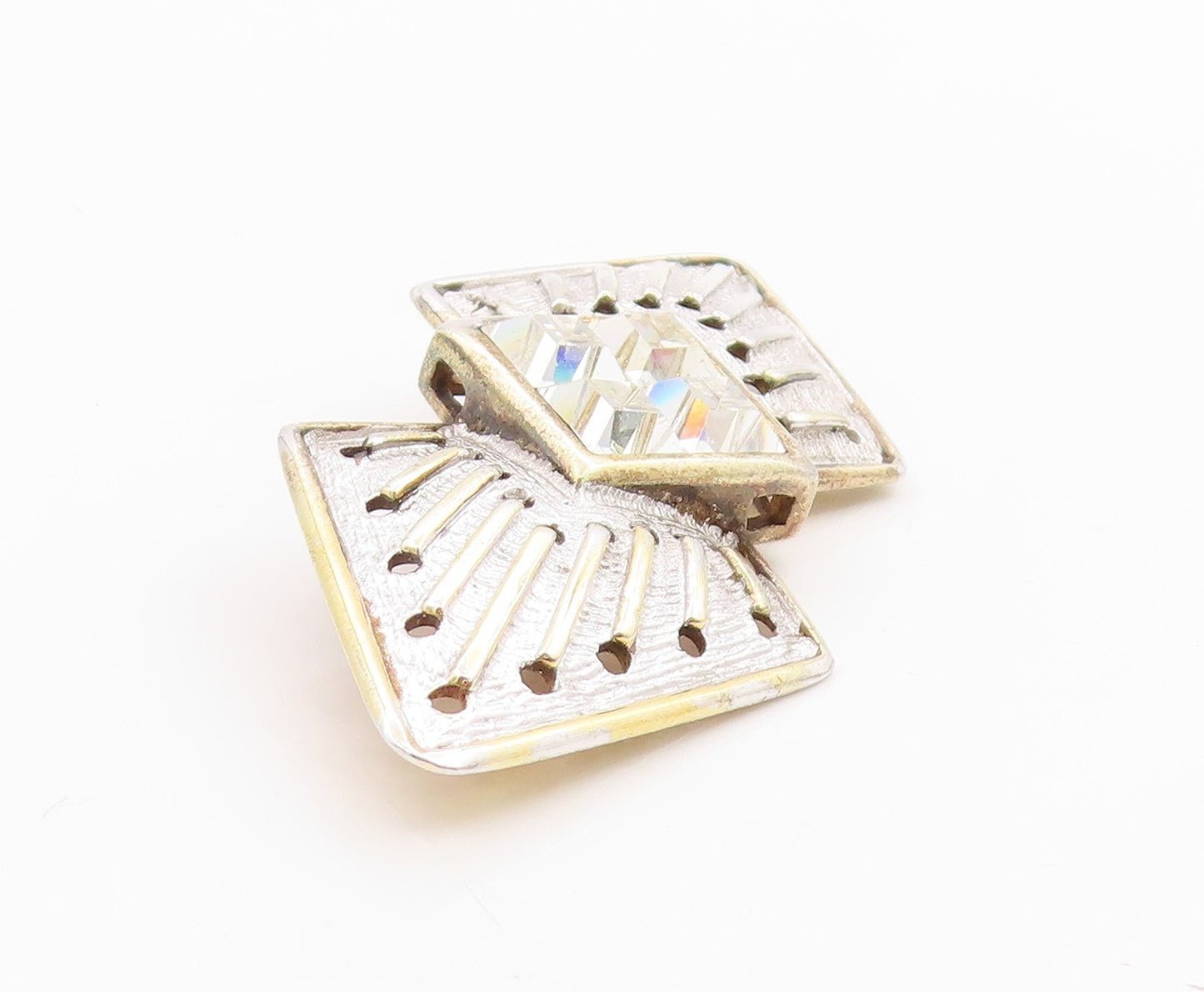 925 Sterling Silver Vintage Brooch PIEFFE Gold Plated CZ Geometric Pin  BP11775
