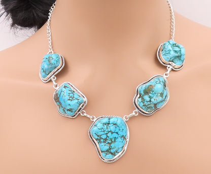 925 Sterling Silver Vintage Necklace Amorphas Linked Turquoise  NE4537