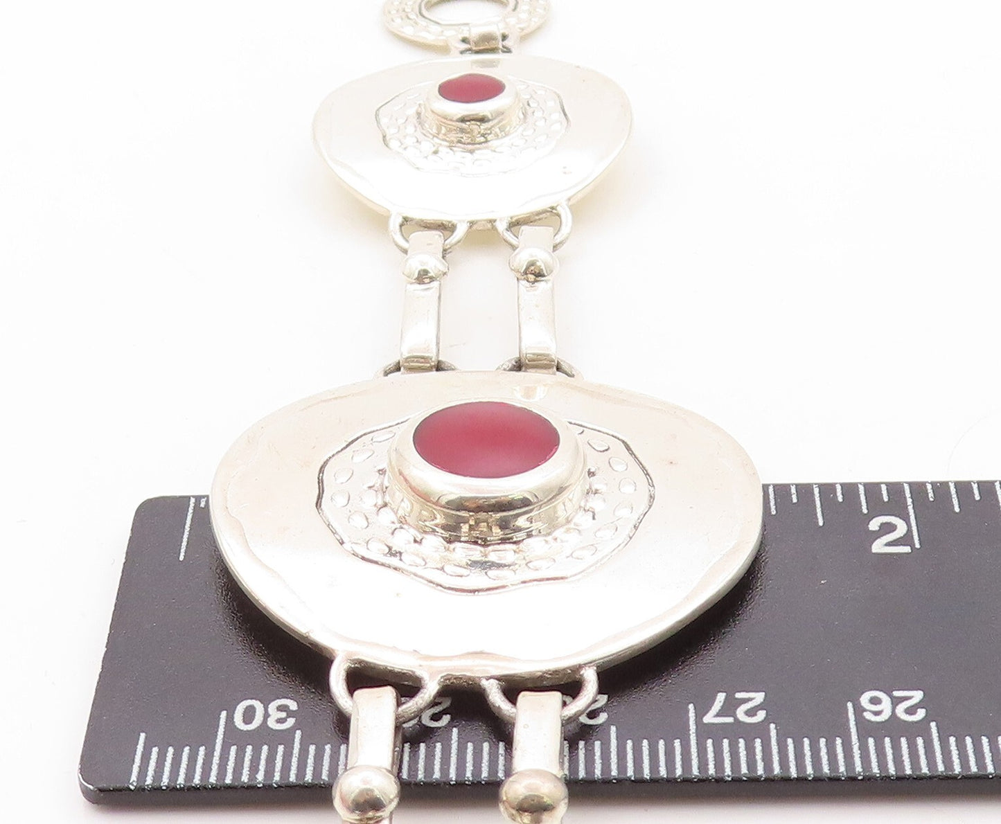 925 Sterling Silver Vintage Bracelet Round Brutalist Gemstone Inlay  BT10892