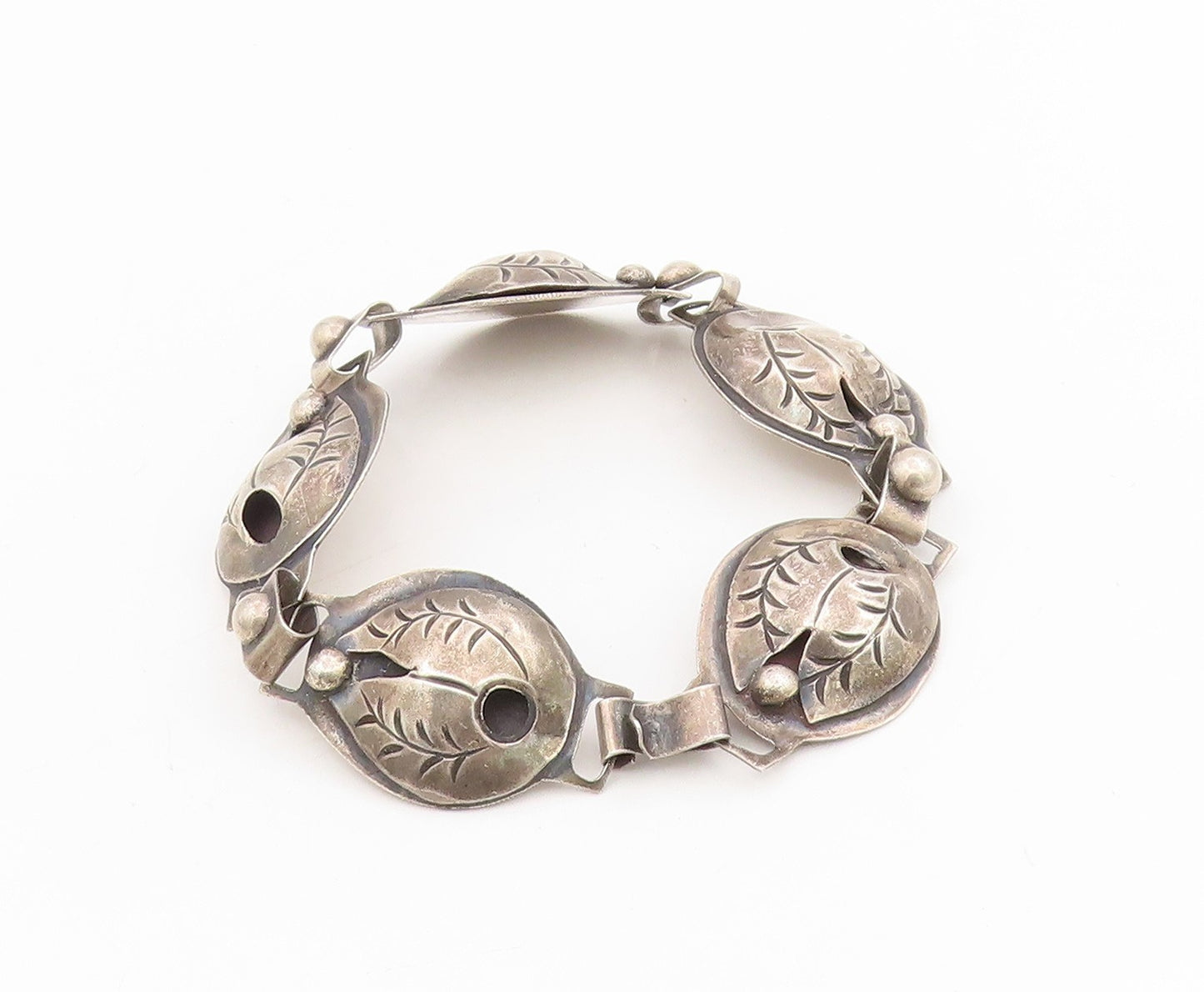 925 Sterling Silver Vintage Bracelet MEXICO Etched Leaf Motif Concho  BT11593