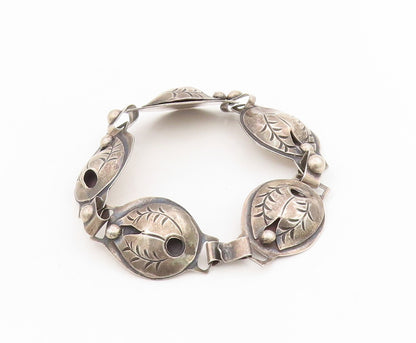 925 Sterling Silver Vintage Bracelet MEXICO Etched Leaf Motif Concho  BT11593
