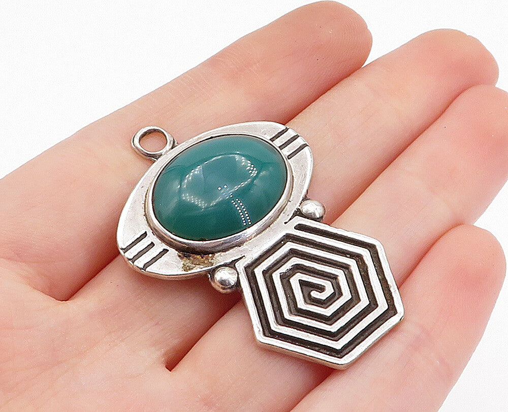 MEXICO 925 Sterling Silver  Vintage Green Onyx Spiral Hexagon Pendant  PT2734