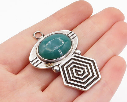 MEXICO 925 Sterling Silver  Vintage Green Onyx Spiral Hexagon Pendant  PT2734