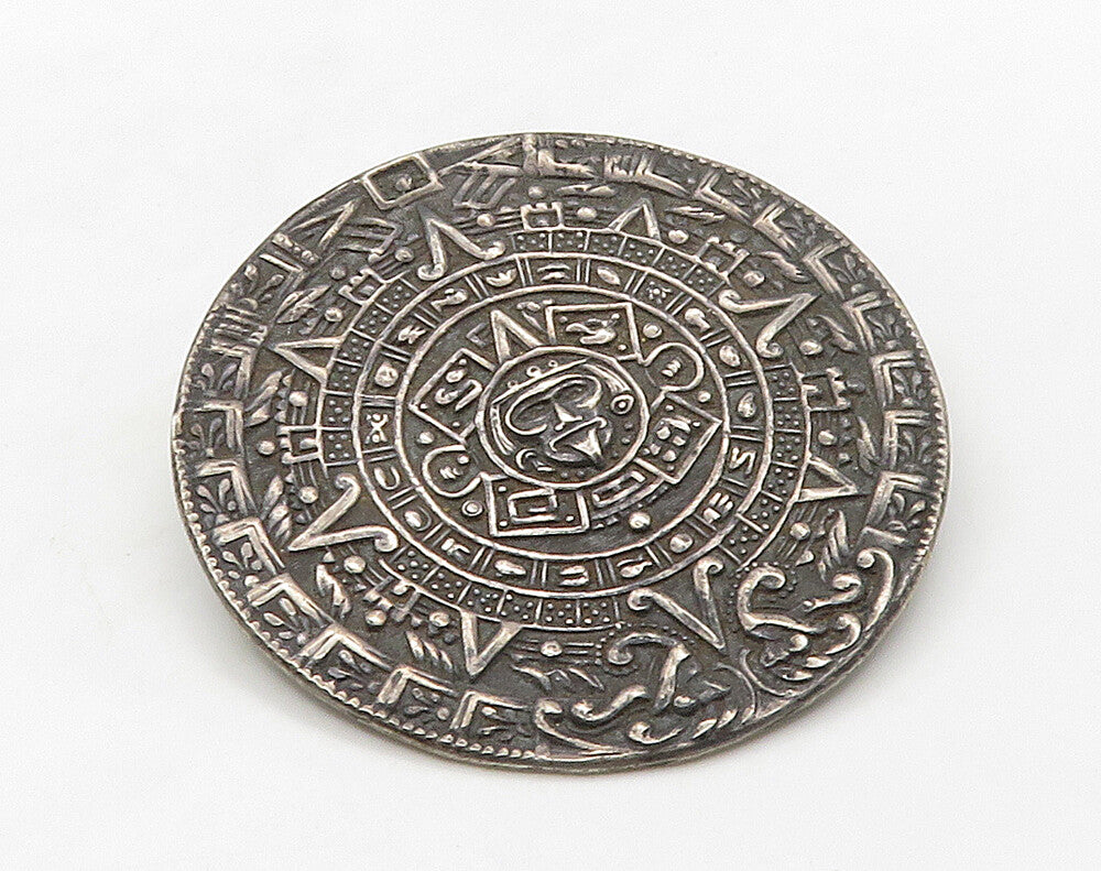 MEXICO 925 Sterling Silver Vintage Mayan Aztec Sun Calendar Brooch Pin BP6378