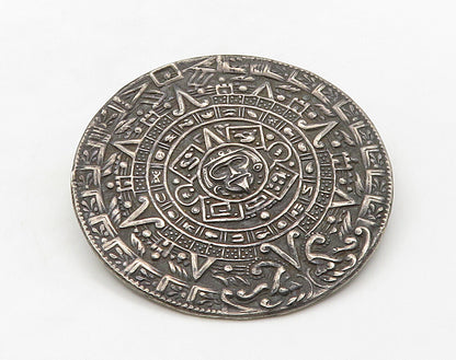 MEXICO 925 Sterling Silver Vintage Mayan Aztec Sun Calendar Brooch Pin BP6378