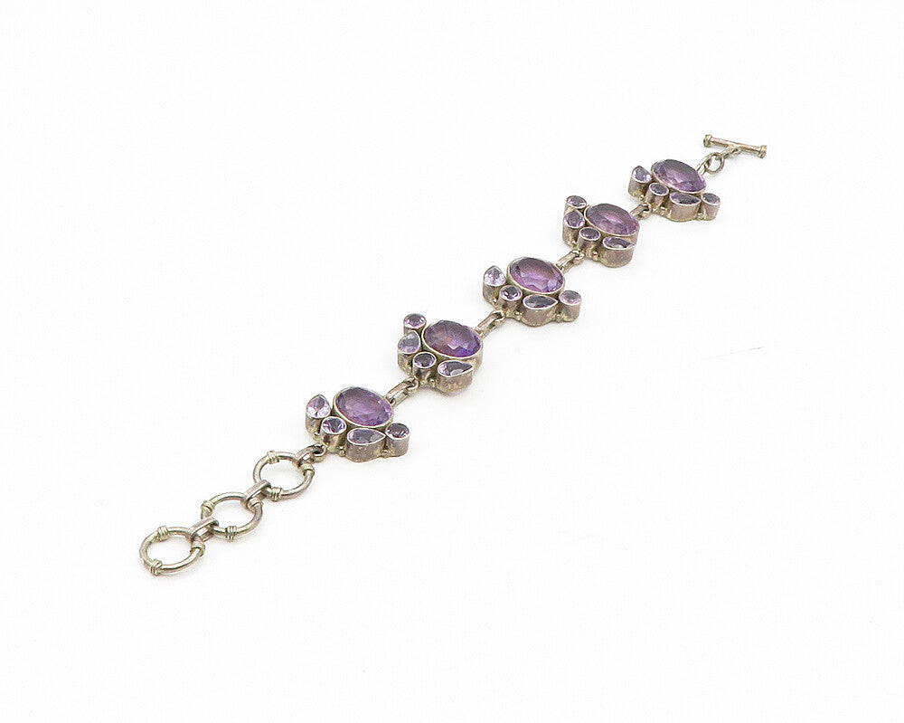 925 Sterling Silver Vintage Multi Shape Amethyst Chain Bracelet BT7010