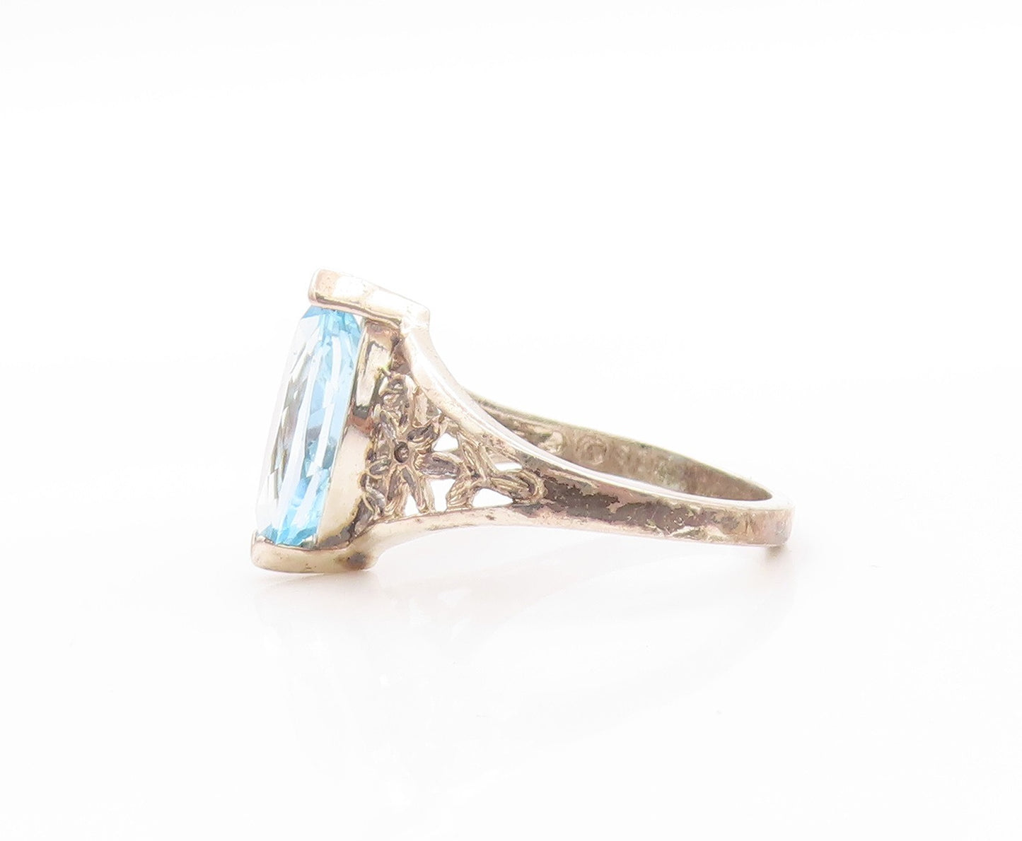 925 Sterling Silver Vintage Ring Marquise Topaz Flowers Cutout  Sz 10  RG32754