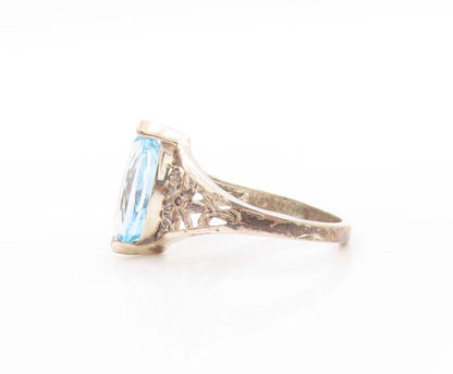 925 Sterling Silver Vintage Ring Marquise Topaz Flowers Cutout  Sz 10  RG32754