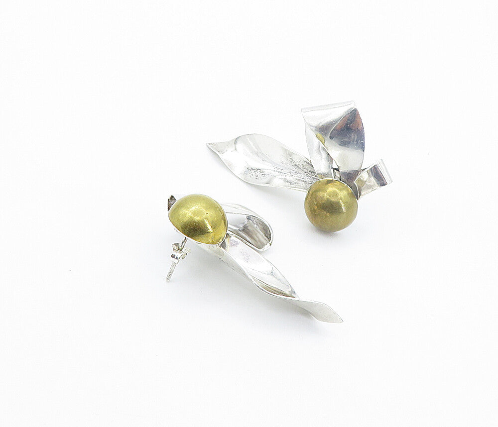 MEXICO 925 Silver Vintage Shiny 2 Tone Modernist Ribbon Drop Earrings EG3328