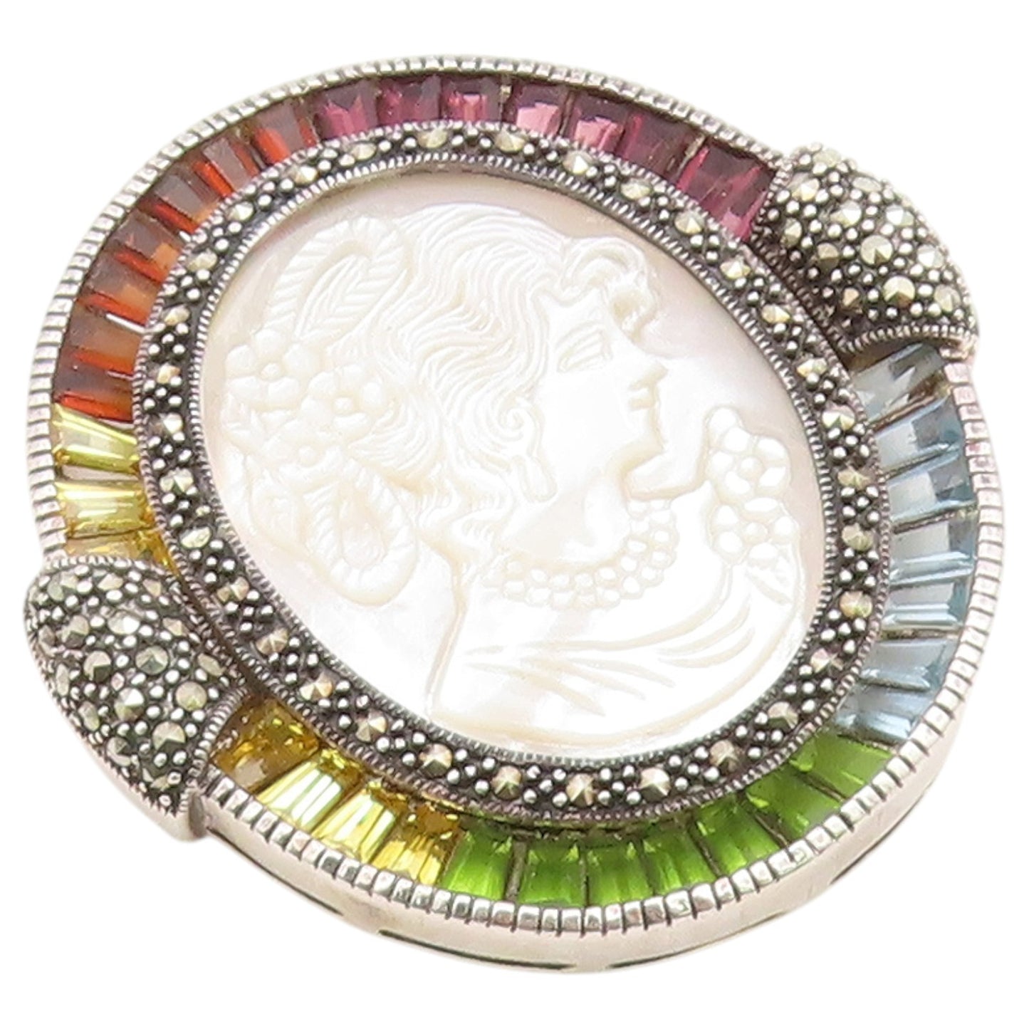 925 Sterling Silver Vintage Brooch Pin Multi Gemstone Cameo Portrait  BP12650