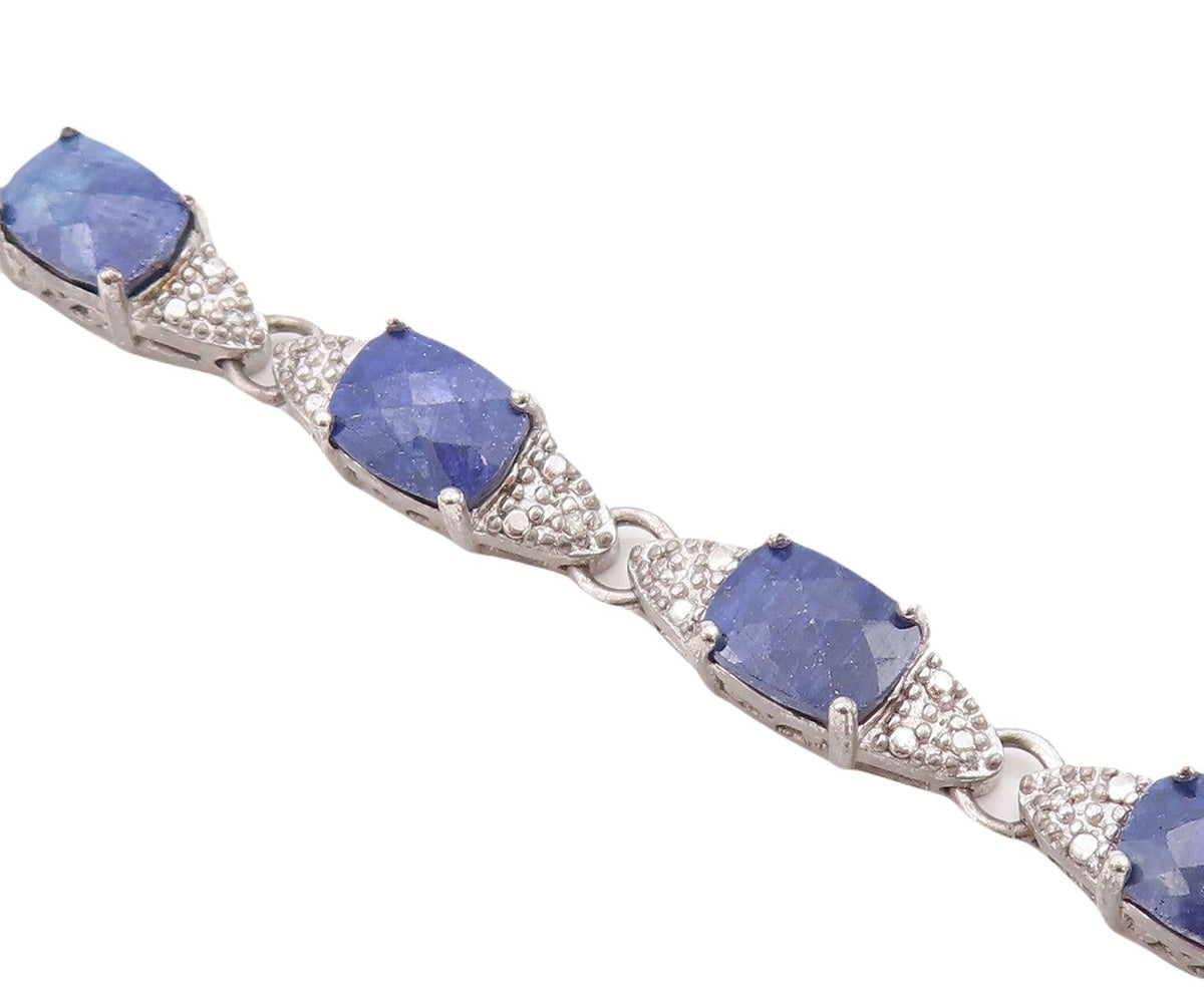 925 Sterling Silver Vintage Bracelet Oval Shape Sapphire & CZ Inlay  BT10761