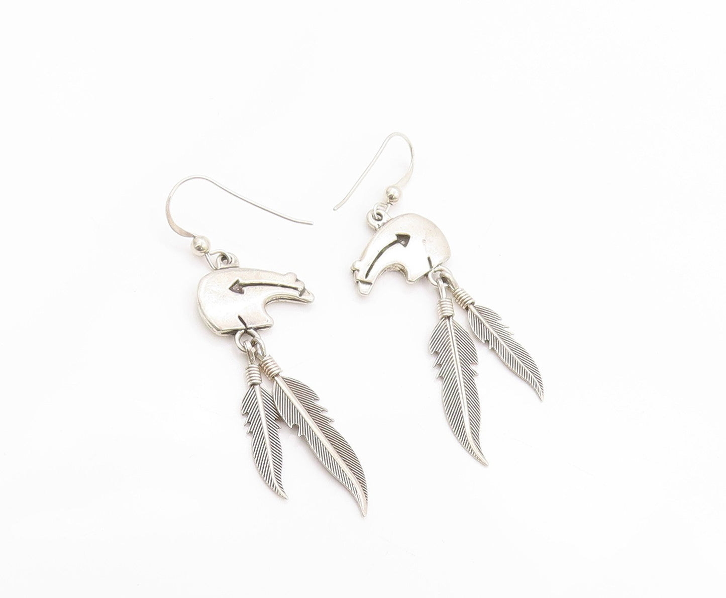 925 Sterling Silver Vintage Earrings SOUTHWESTERN Bear Dangling Feathers EG13531