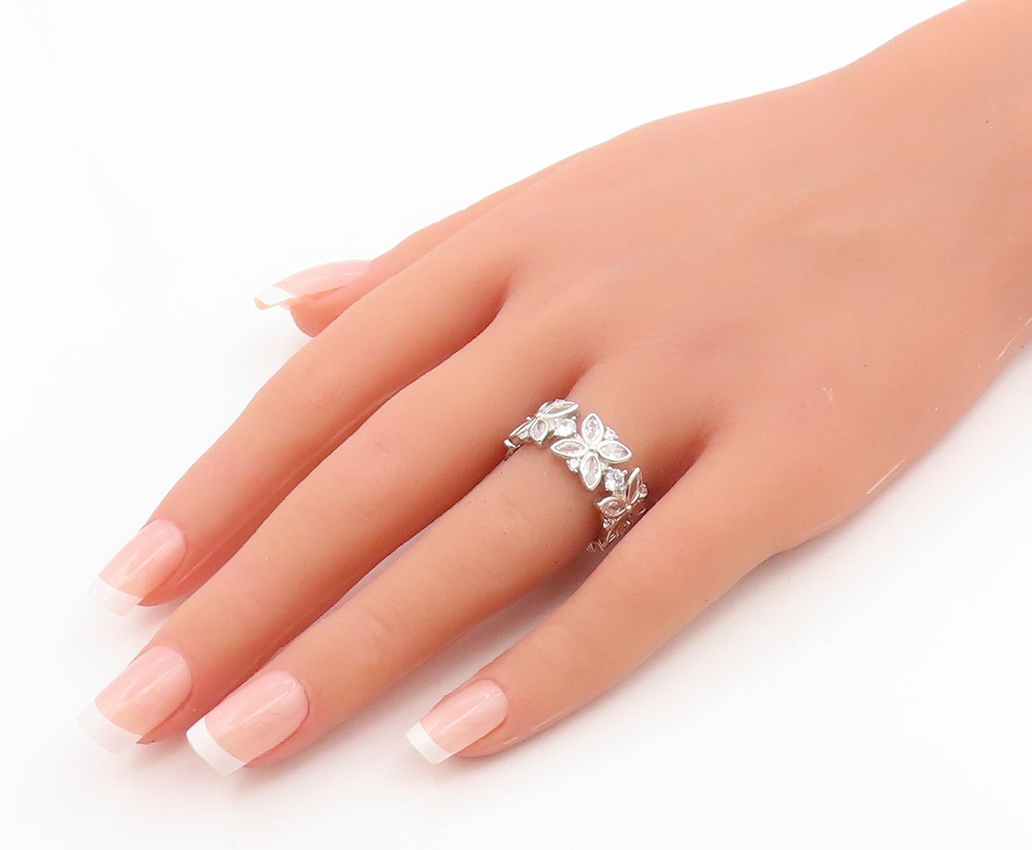 925 Sterling Silver Vintage Ring CZ Elegant Floral Eternity Band Sz 7.5  RG35870
