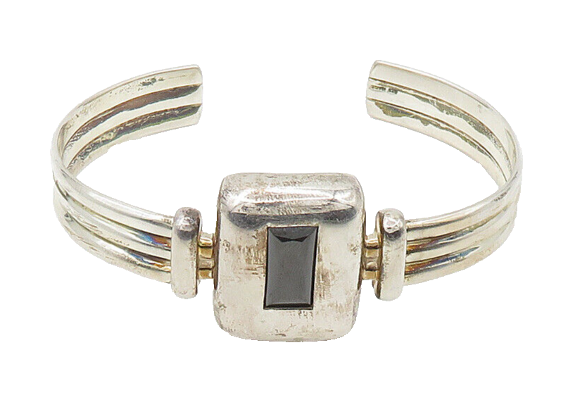 RAGE 925 Sterling Silver  Vintage Hematite Shiny Ribbed Cuff Bracelet  BT8584