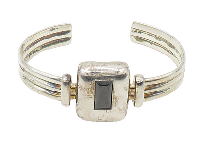 RAGE 925 Sterling Silver  Vintage Hematite Shiny Ribbed Cuff Bracelet  BT8584