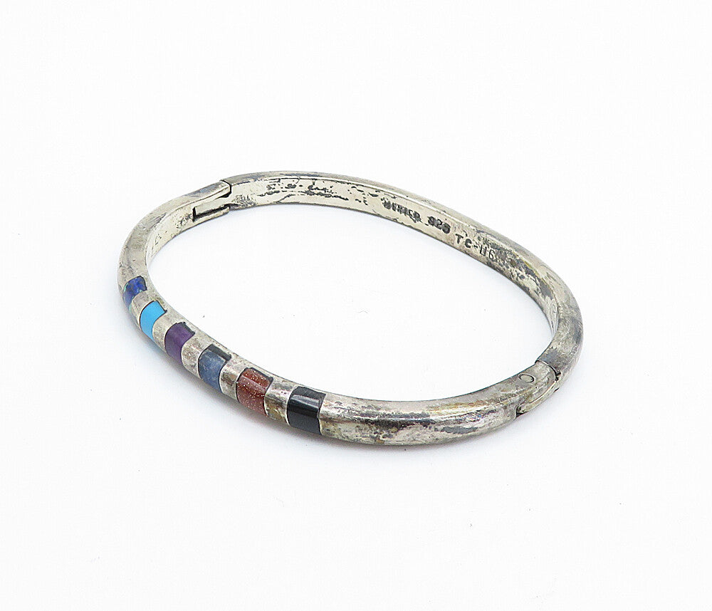 MEXICO 925 Silver Vintage Multi Gemstone Striped Oval Bangle Bracelet BT2981