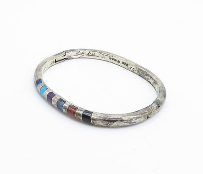 MEXICO 925 Silver Vintage Multi Gemstone Striped Oval Bangle Bracelet BT2981