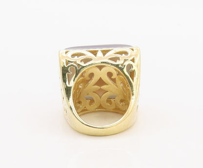 925 Sterling Silver Vintage Ring Gold Plated Carved Square Gemstone Sz 8 RG30077
