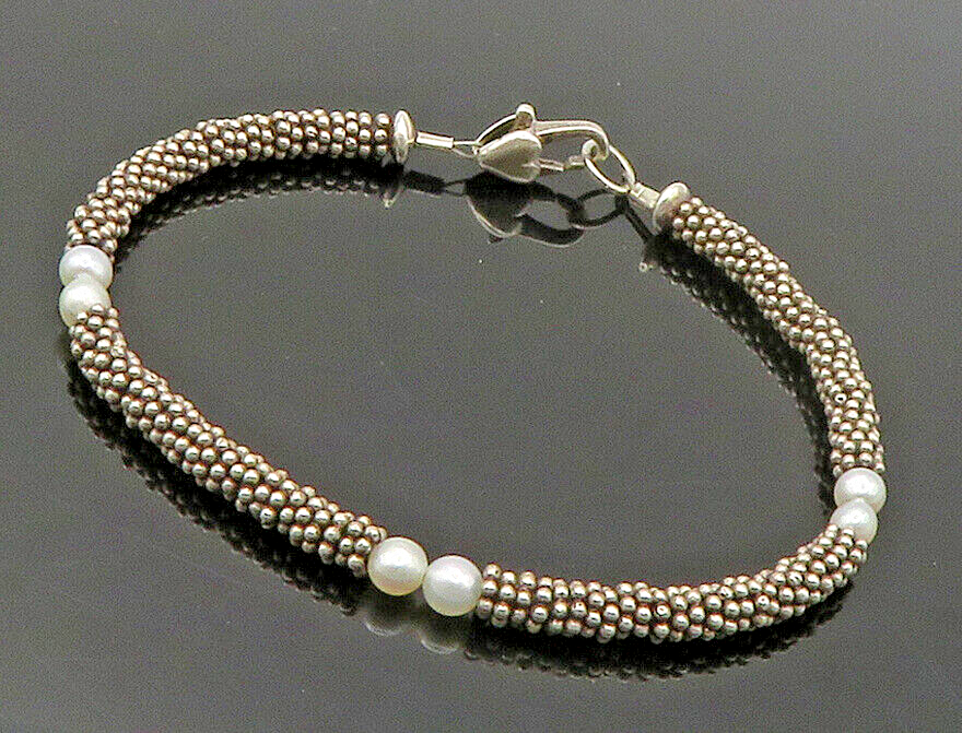 925 Sterling Silver  Vintage Petite Pearls Cluster Link Chain Bracelet  BT6024