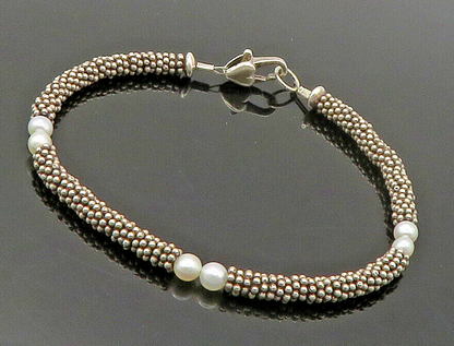 925 Sterling Silver  Vintage Petite Pearls Cluster Link Chain Bracelet  BT6024