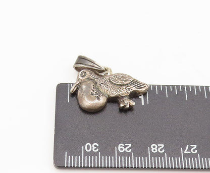 925 Sterling Silver  Vintage Carved Bird Carrying Food Solid Pendant  PT22285