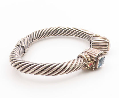 14k Gold & 925 Sterling Silver Vintage Bracelet Faceted Blue Topaz Cuff  BT11761